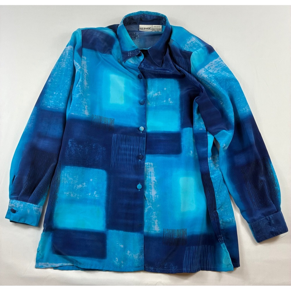 Liz Baker Button Down Blouse Women Large Blue Abstract Geometric Long Sleeve Top